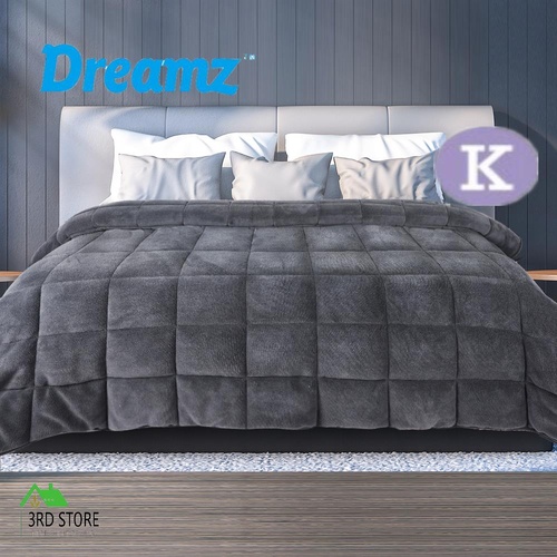 DreamZ Quilt Doona Comforter Blanket Velvet Winter Warm King Bedding Grey 500GSM