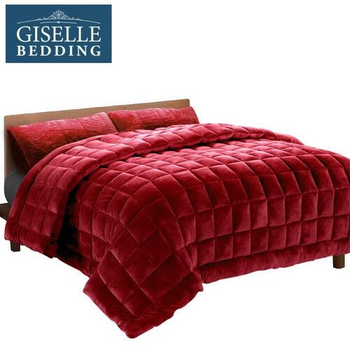 Giselle Bedding Faux Mink Quilt Comforter Fleece Throw Blanket Doona Burgundy Super King