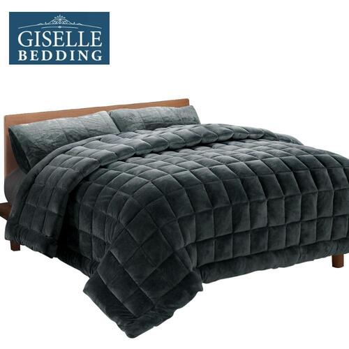 Giselle Bedding Faux Mink Quilt Plush Throw Blanket Comforter Duvet Cover Charcoal Double