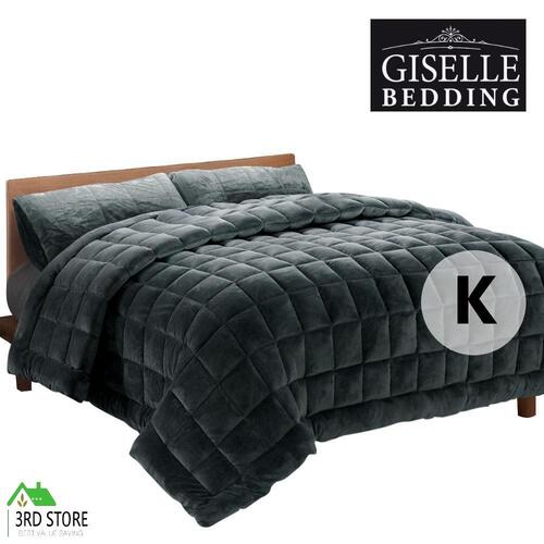 Giselle Faux Fur Mink Quilt Throw Blanket Comforter King Charcoal