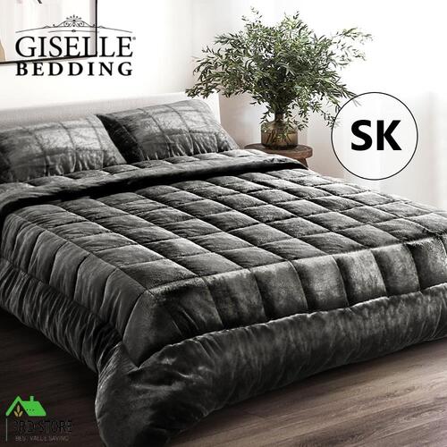Giselle Bedding Faux Mink Quilt Comforter Fleece Throw Blanket Doona Charcoal Super King