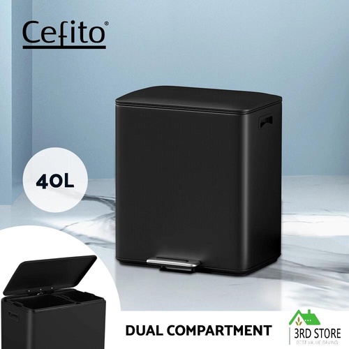 Cefito Pedal Bins Rubbish Bin Dual Compartment Waste Recycle Dustbins 40L Black
