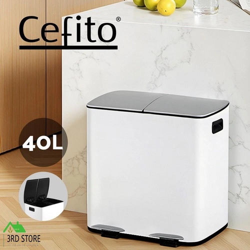 Cefito Pedal Bins Rubbish Bin Dual Compartment Waste Recycle Dustbins 40L White