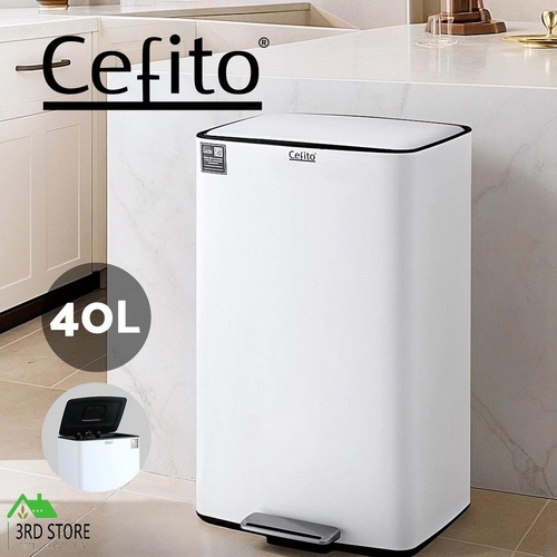 Cefito Pedal Bins Rubbish Bin Waste Recycle Dustbins Kitchen Trash Can 40L White