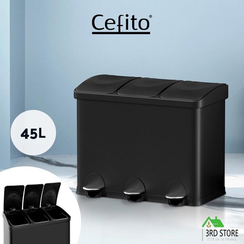 Cefito Pedal Bins Rubbish Bin Triple Compartments Waste Recycle Dustbins 45L