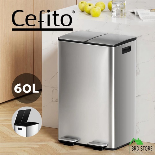 Cefito Pedal Bins Rubbish Bin Dual Compartment Waste Recycle Dustbins 60L Silver
