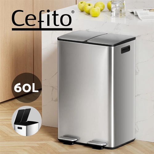 RETURNs Cefito Pedal Bins Rubbish Bin Dual Compartment Waste Recycle Dustbins 60L Silver
