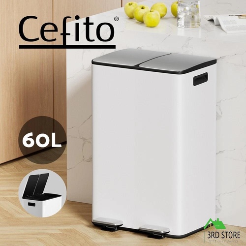 Cefito Pedal Bins Rubbish Bin Dual Compartment Waste Recycle Dustbins 60L White