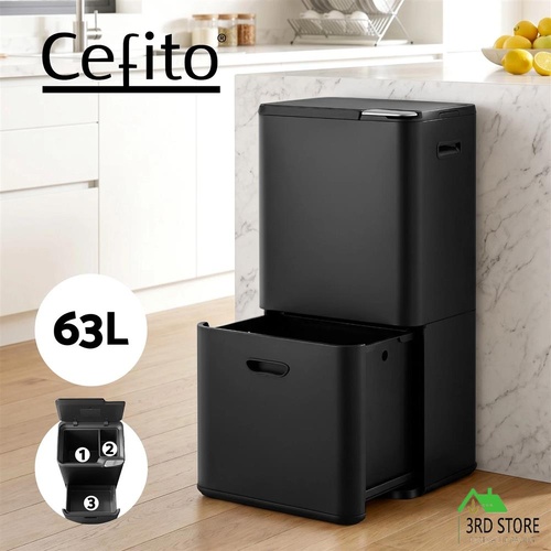 Cefito 63L Rubbish Bin 3 Compartment Carbon Steel Split Door Trash Can Black