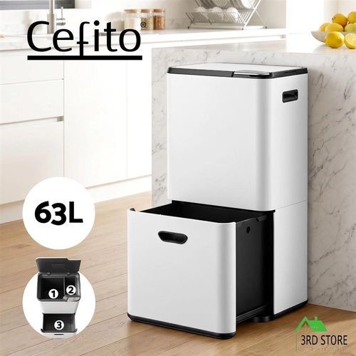 Cefito 63L Rubbish Bin 3 Compartment Carbon Steel Split Door Trash Can White