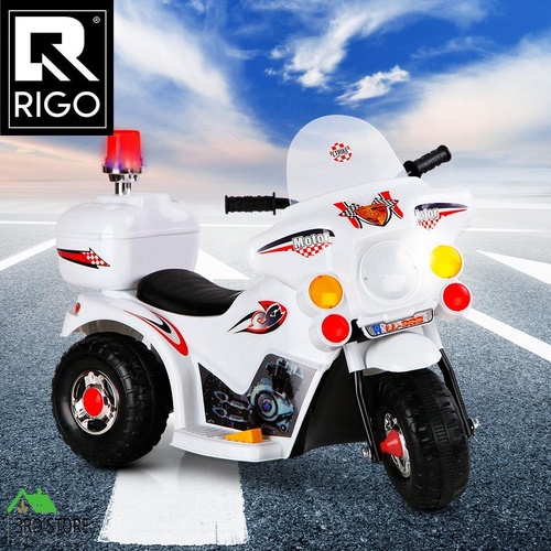 Rigo Kids Ride On White Motorcycle Motorbike Police Patrol Bike Battery