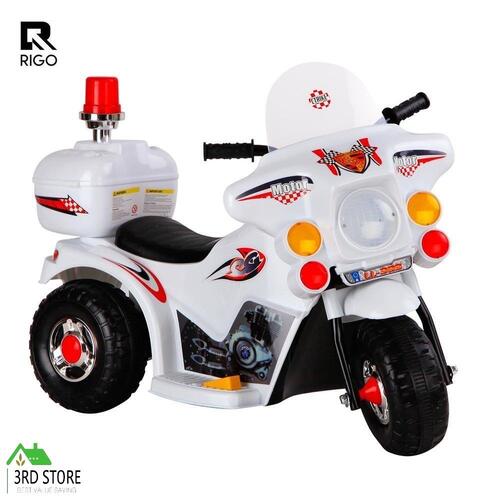 Rigo Kids Ride On White Motorcycle Motorbike Police Patrol Bike Battery