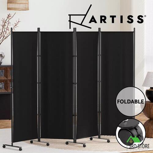 Artiss 4 Panel Room Divider Screen 217cm Wheel Fabric Black