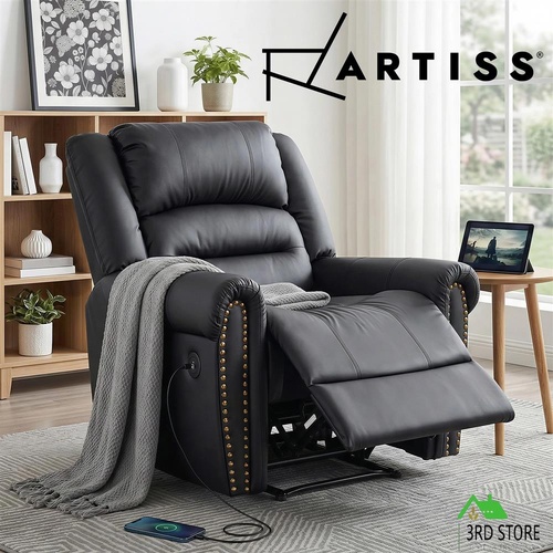 Artiss Leather Manual Recliner Chair with USB Sofa for Living Room Black