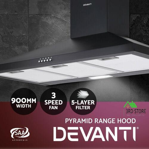 Devanti Range Hood Rangehood 900mm 90cm Kitchen Canopy LED Light Black