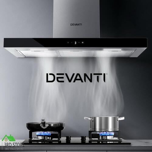 Devanti Rangehood 900mm Range Hood 90cm Stainless Steel Glass Kitchen Canopy BK