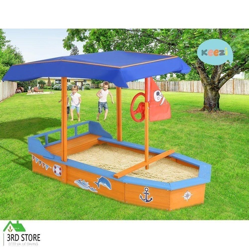 Keezi Kids Boat Sandpit Wooden Outdoor Play Sand Pit Toys Box Canopy Children
