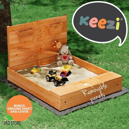 Keezi Kids Sandpit Wooden Sandbox Sand Pit with Cover Funnel Outdoor Toys 120cm