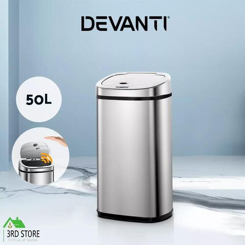 Devanti 50L Stainless Steel Motion Sensor Bin Rubbish Trash Can Automatic Bins
