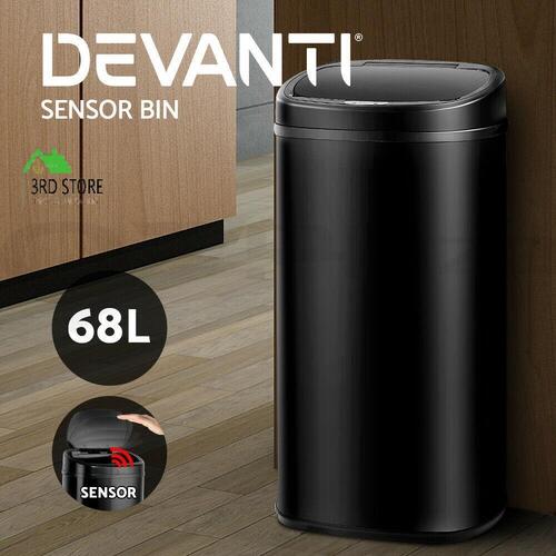 Devanti 68L Sensor Rubbish Bin Black Automatic Trash Waste Kitchen Home Office