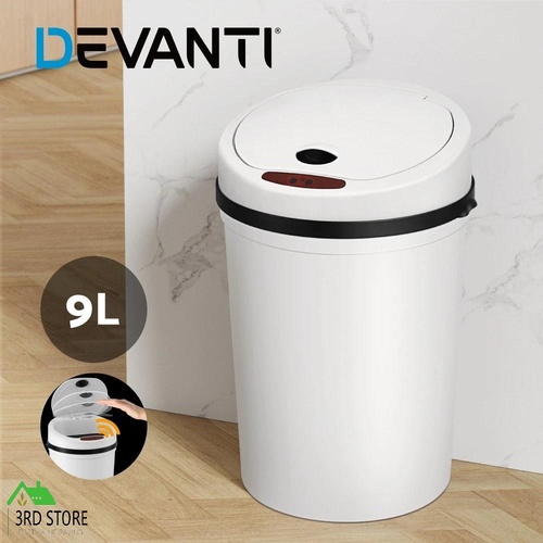 Devanti Sensor Bin Motion Rubbish Bins Kitchen Automatic Trash Can White 9L