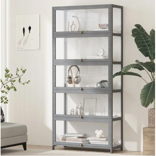 Oikiture Display Cabinet Storage 5-Tier Shelves Bamboo Clear Bookcase Stand Rack