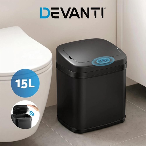 Devanti 15L Motion Sensor Bin Touchless Bins Soft-Close Rubbish Trash Can Black