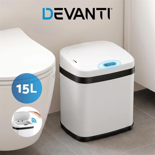 Devanti 15L Motion Sensor Bin Touchless Bins Soft-Close Rubbish Trash Can White