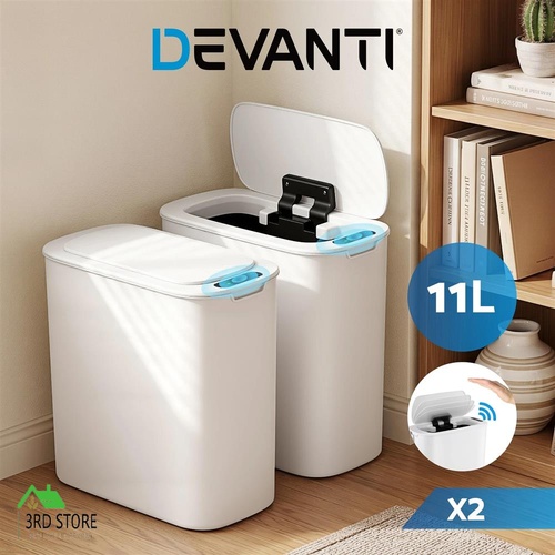 Devanti 11L Motion Sensor Kitchen Bins Slim Touchless Rubbish Can White 2PCS