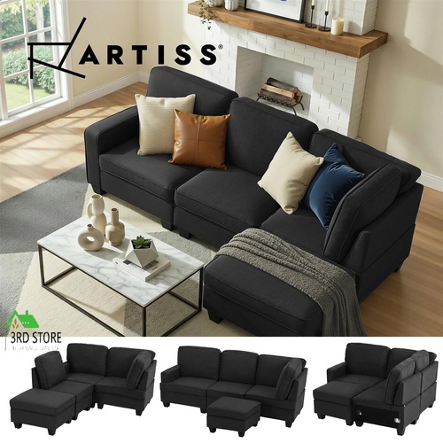 Artiss Sofa Lounge Set 4 Seater Modular Chaise Chair Couch Fabric Dark Grey