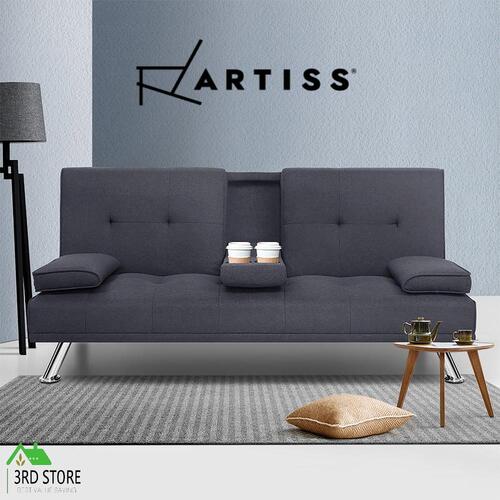 Artiss Sofa Bed Lounge Futon Couch Beds 3 Seater Fabric Cup Holder Grey