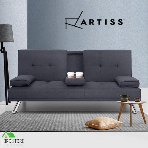 Artiss Sofa Bed Lounge Futon Couch Beds 3 Seater Fabric Cup Holder Grey