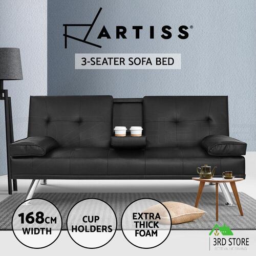 Artiss Sofa Bed Lounge Futon Couch 3 Seater Leather Beds Cup Holder Black