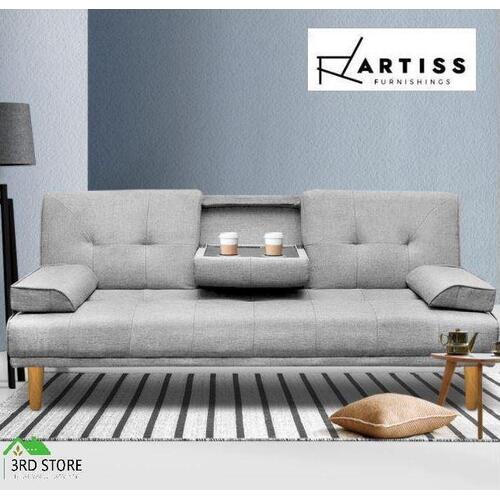Artiss Sofa Bed Lounge Futon Couch Beds 3 Seater Cup Holder Fabric Grey