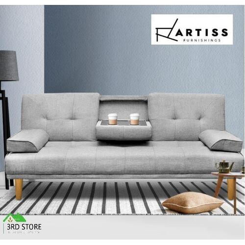 Artiss Sofa Bed Lounge Futon Couch Beds 3 Seater Cup Holder Fabric Grey