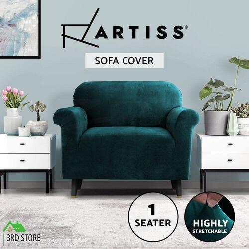 Artiss Velvet Sofa Cover Plush Couch Cover Lounge Slipcover 1 Seater Agate Green