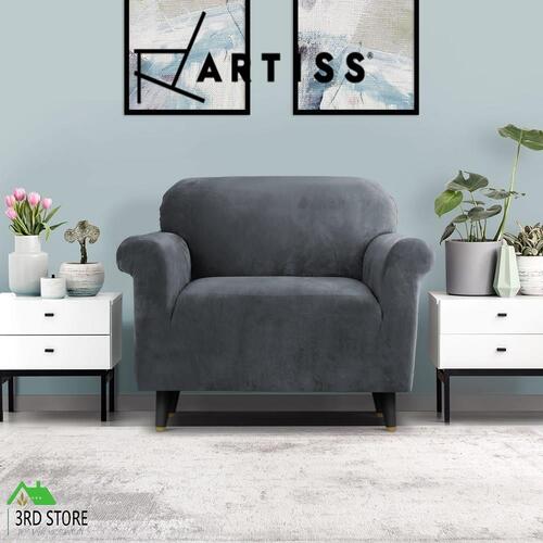 Artiss Velvet Sofa Cover Plush Couch Cover Lounge Slipcover 1 Seater Grey