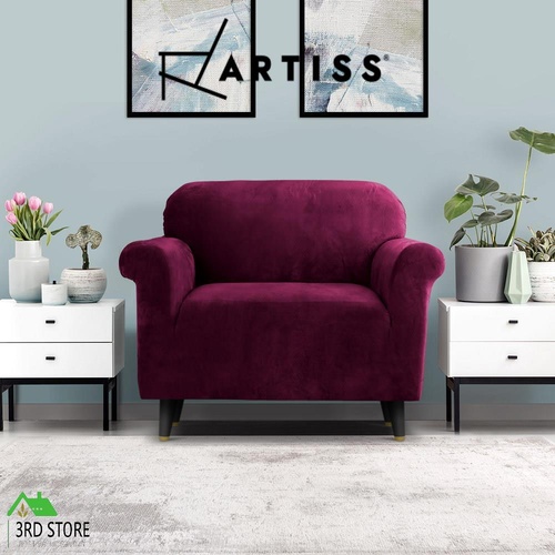 Artiss Velvet Sofa Cover Plush Couch Cover Lounge Slipcover 1 Seater Ruby Red