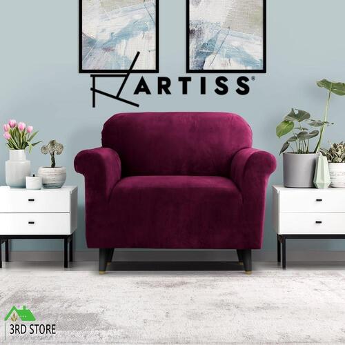 Artiss Velvet Sofa Cover Plush Couch Cover Lounge Slipcover 1 Seater Ruby Red