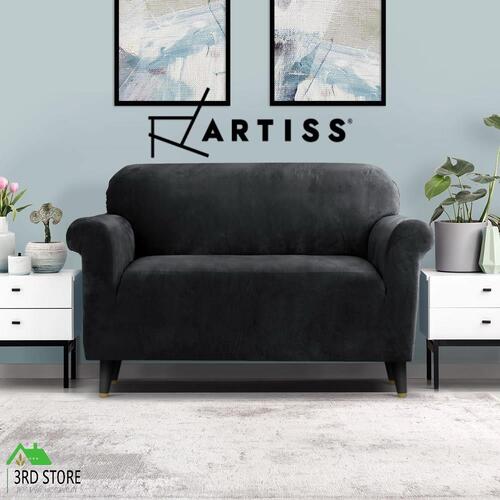 Artiss Velvet Sofa Cover Plush Couch Cover Lounge Slipcover 2 Seater Black