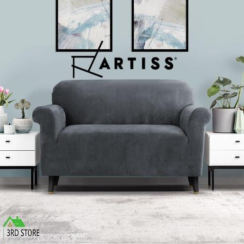 Artiss Velvet Sofa Cover Plush Couch Cover Lounge Slipcover 2 Seater Grey