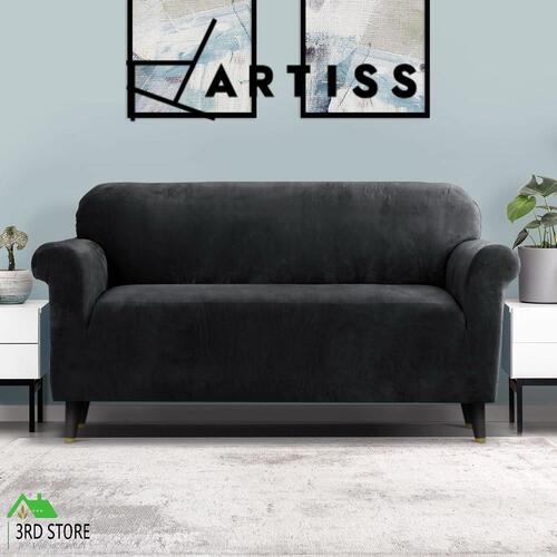 Artiss Velvet Sofa Cover Plush Couch Cover Lounge Slipcover 3 Seater Black