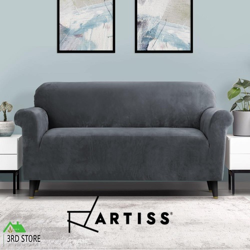 Artiss Velvet Sofa Cover Plush Couch Cover Lounge Slipcover 3 Seater Grey
