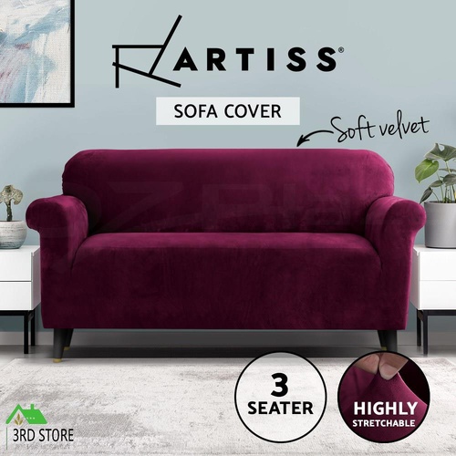 Artiss Velvet Sofa Cover Plush Couch Cover Lounge Slipcover 3 Seater Ruby Red