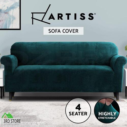 Artiss Velvet Sofa Cover Plush Couch Cover Lounge Slipcover 4 Seater Agate Green