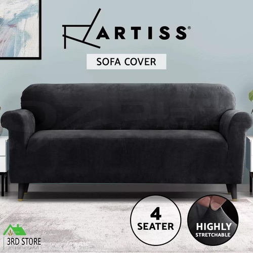 Artiss Velvet Sofa Cover Plush Couch Cover Lounge Slipcover 4 Seater Black