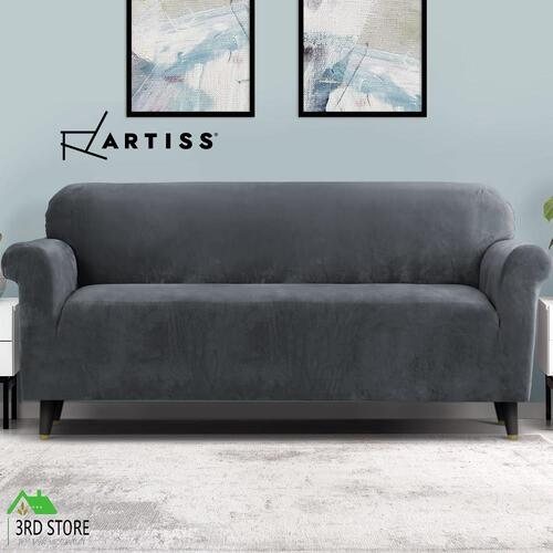 Artiss Velvet Sofa Cover Plush Couch Cover Lounge Slipcover 4 Seater Grey