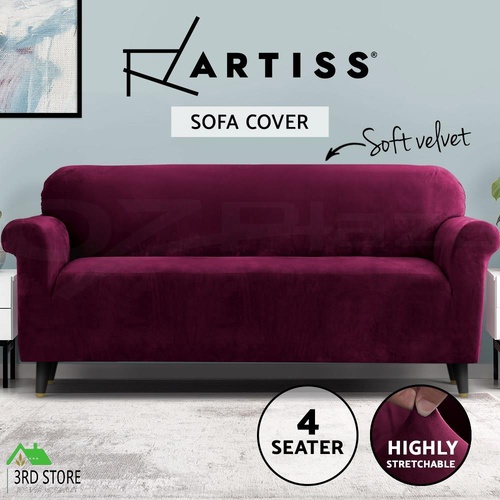 Artiss Velvet Sofa Cover Plush Couch Cover Lounge Slipcover 4 Seater Ruby Red