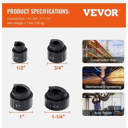 VEVOR Hydraulic Knockout Punch Driver Kit Hole Tool 4 Die 1/2", 3/4", 1", 1-1/4"