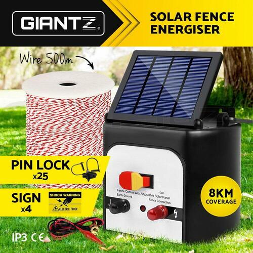 Giantz 8km Solar Electric Fence Energiser Charger with 500M Tape and 25pcs Insulators